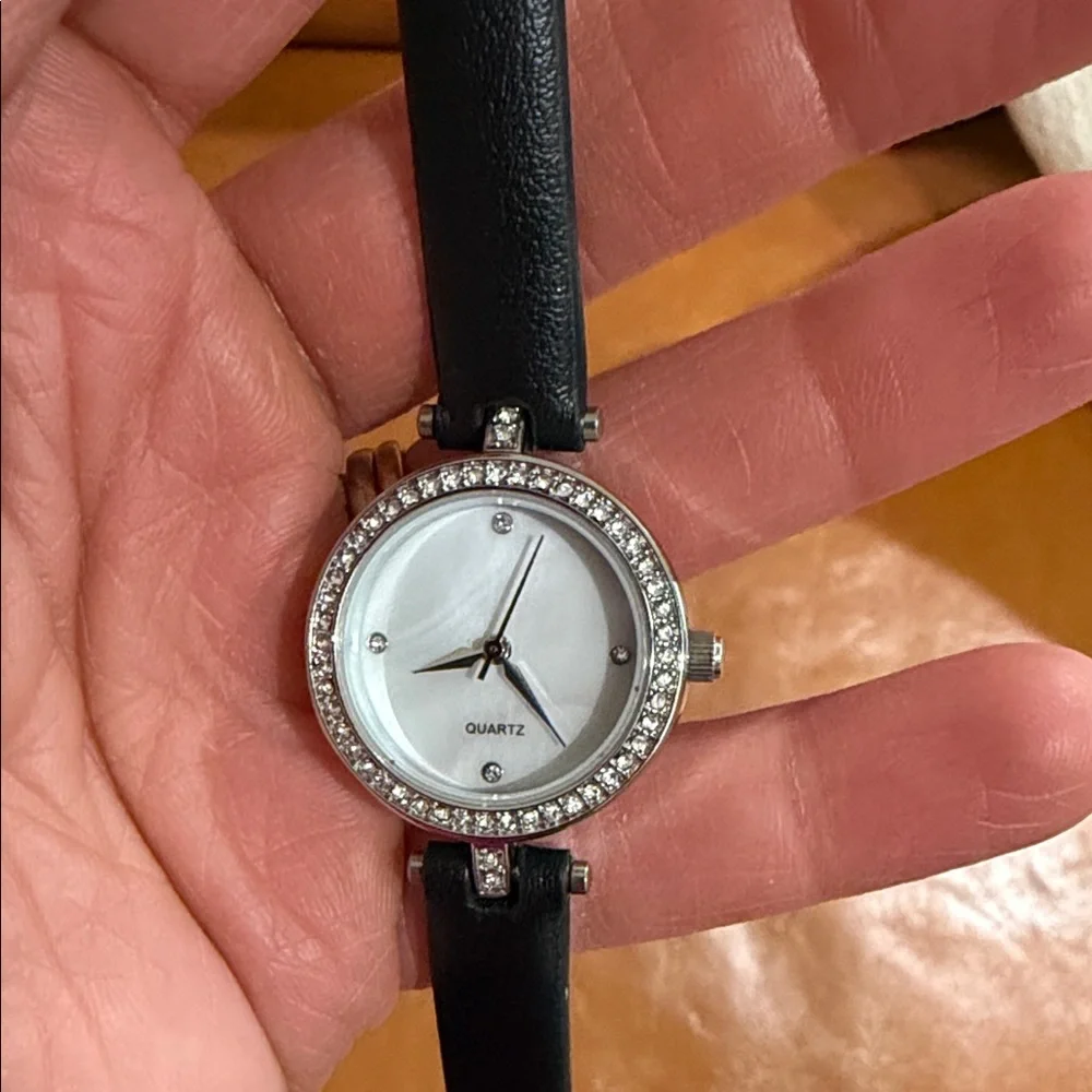 Quartz Watch with Black Strap and Crystal Accents
